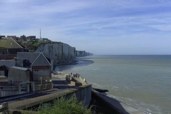 A coastal town with buildings along the cliffside, a promenade, and the sea.