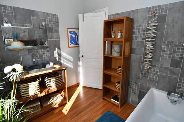 Combined shower/tub, hair dryer, towels