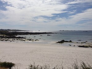 On the beach, sun-loungers