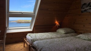 Quarto com duas camas, um claraboia, um abajur e um quadro com pássaros.