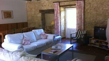 Televisión, chimenea, reproductor de DVD, mesa de ping pong