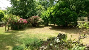 A garden with various plants and flowers, a stone wall, and trees in the background. - Quiet country house with swimming pool, ideal location. (Tauriers)