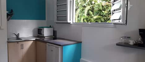 Fridge, microwave, stovetop, coffee/tea maker