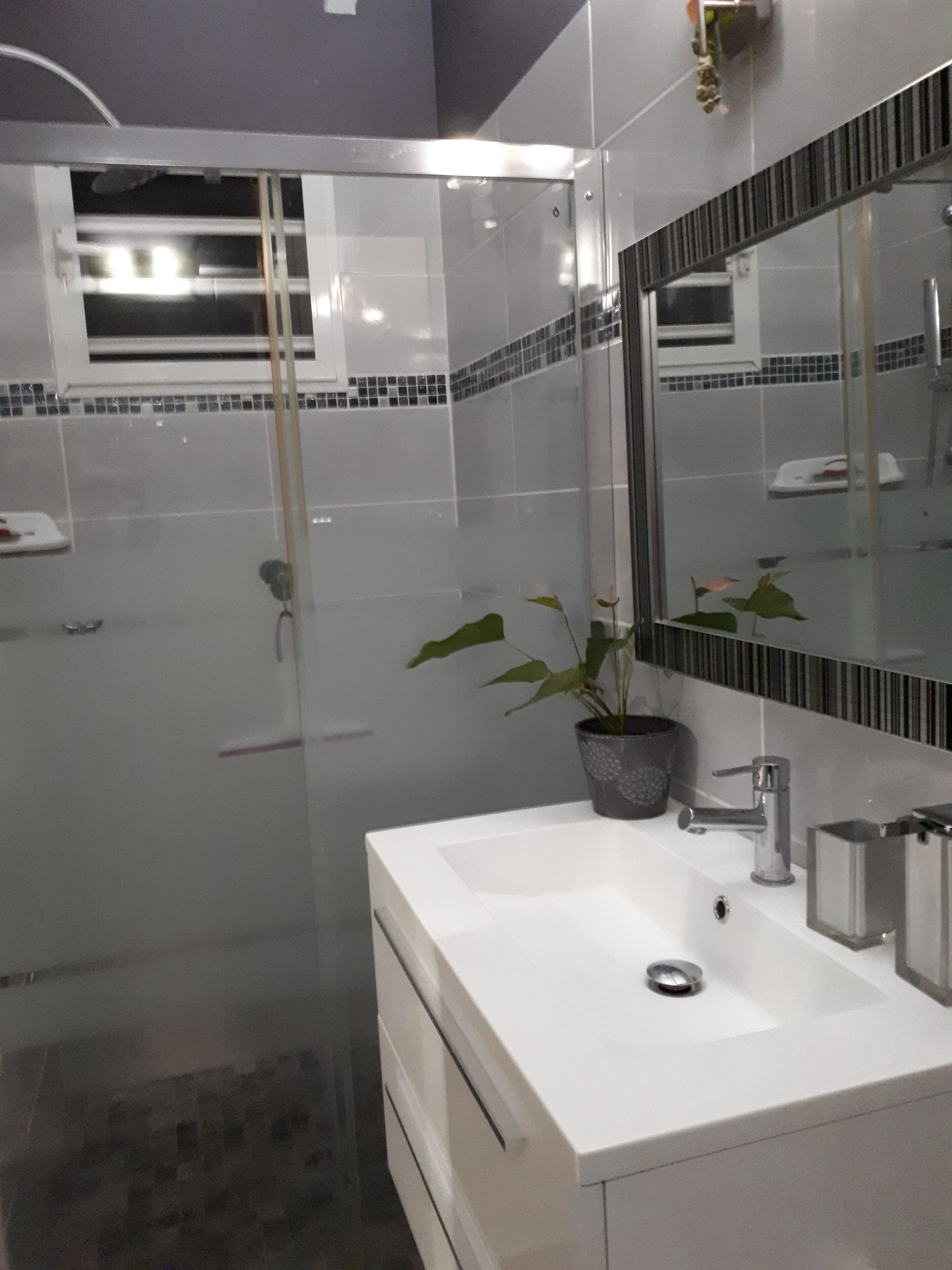 Un baño moderno con un lavamanos blanco, un espejo grande y una planta en maceta.