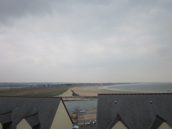 A view of a beach from a residential area with houses in the foreground and a sandy beach extending to the sea.