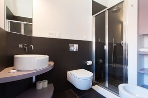 Shower, hair dryer, shampoo