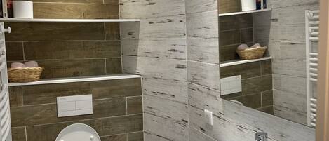 Shower, hair dryer, soap, shampoo