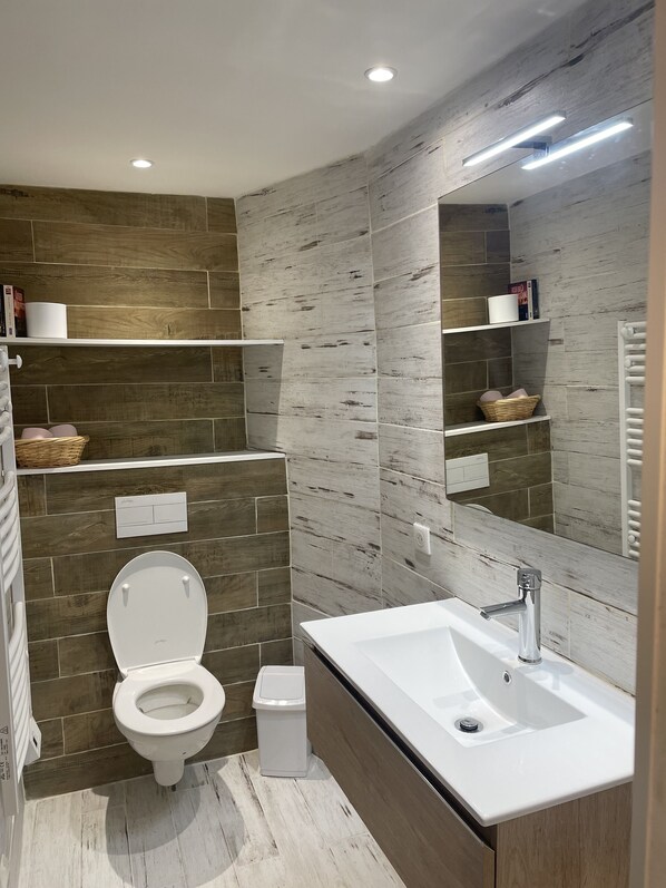 Shower, hair dryer, soap, shampoo