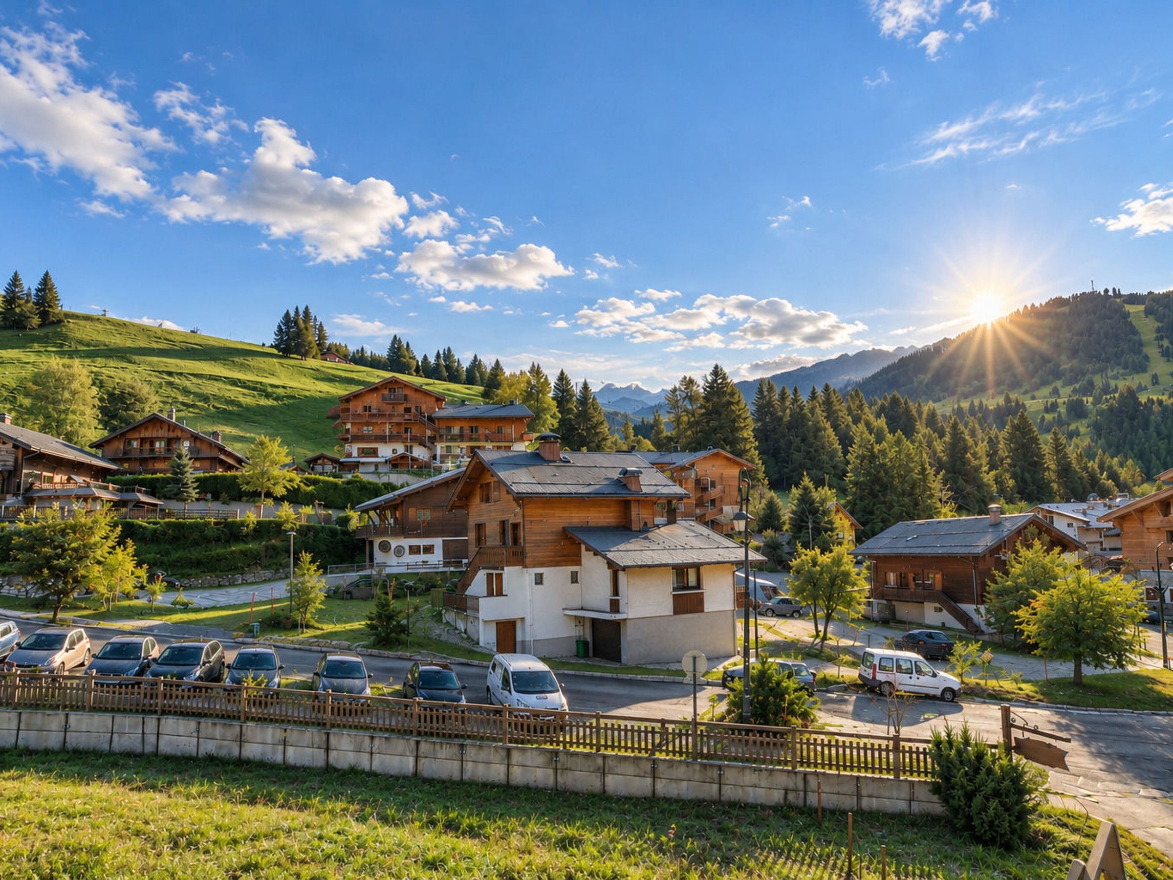 A mountain village with wooden houses, a parking area, and a clear sky.