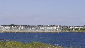 A coastal marina with numerous sailboats docked along the shore, a rocky breakwater, and a row of buildings in the background.