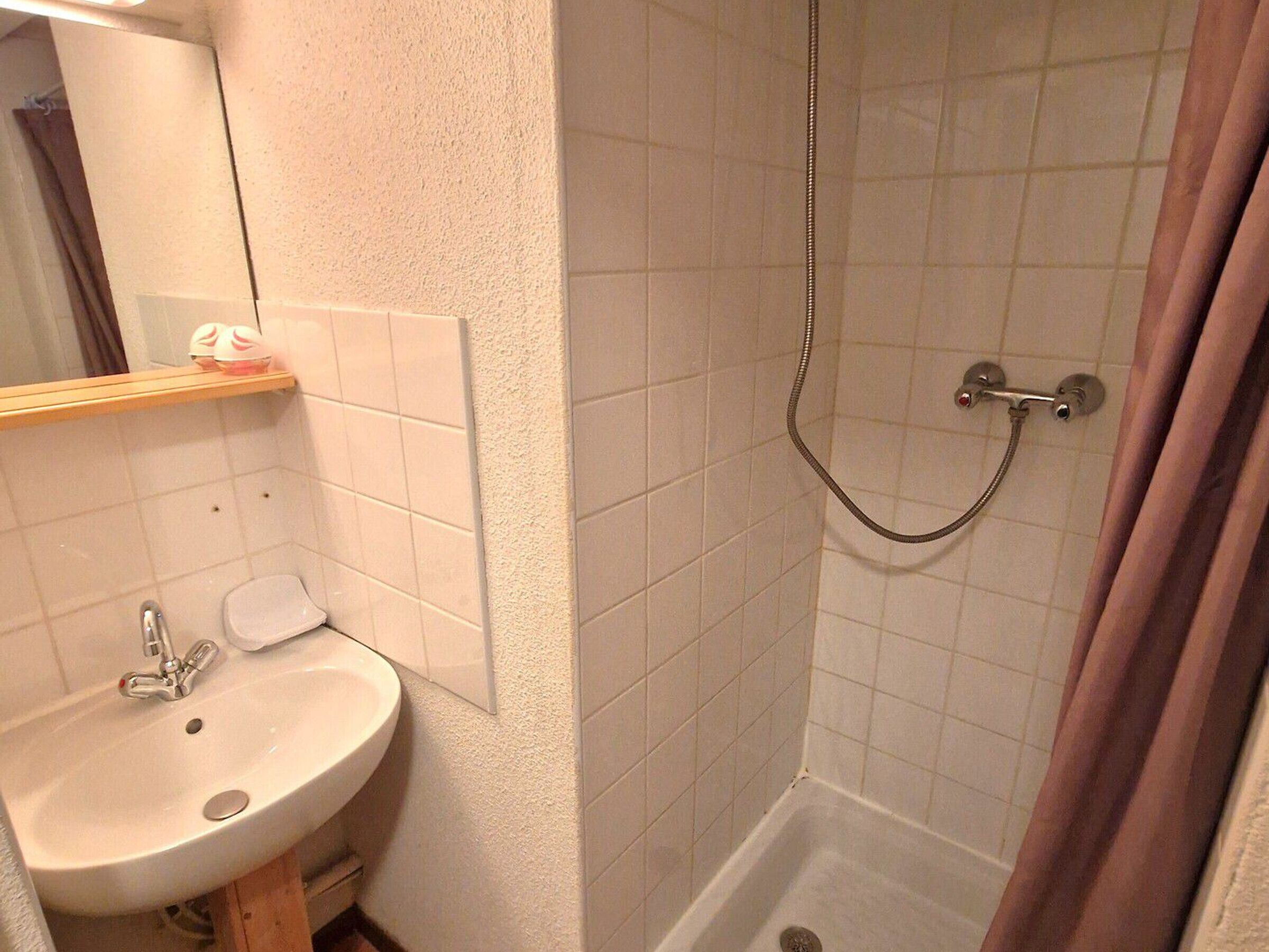 Une salle de bain avec un lavabo, un miroir et une douche.