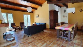 Télévision, cheminée, table de tennis de table, livres