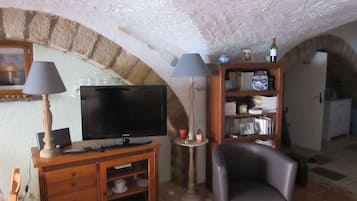 Una televisión, una chimenea, libros