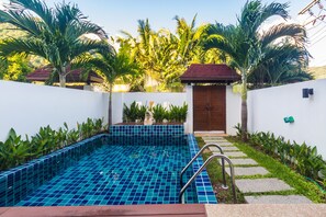 A swimming pool with blue tiles, surrounded by greenery and a white wall.