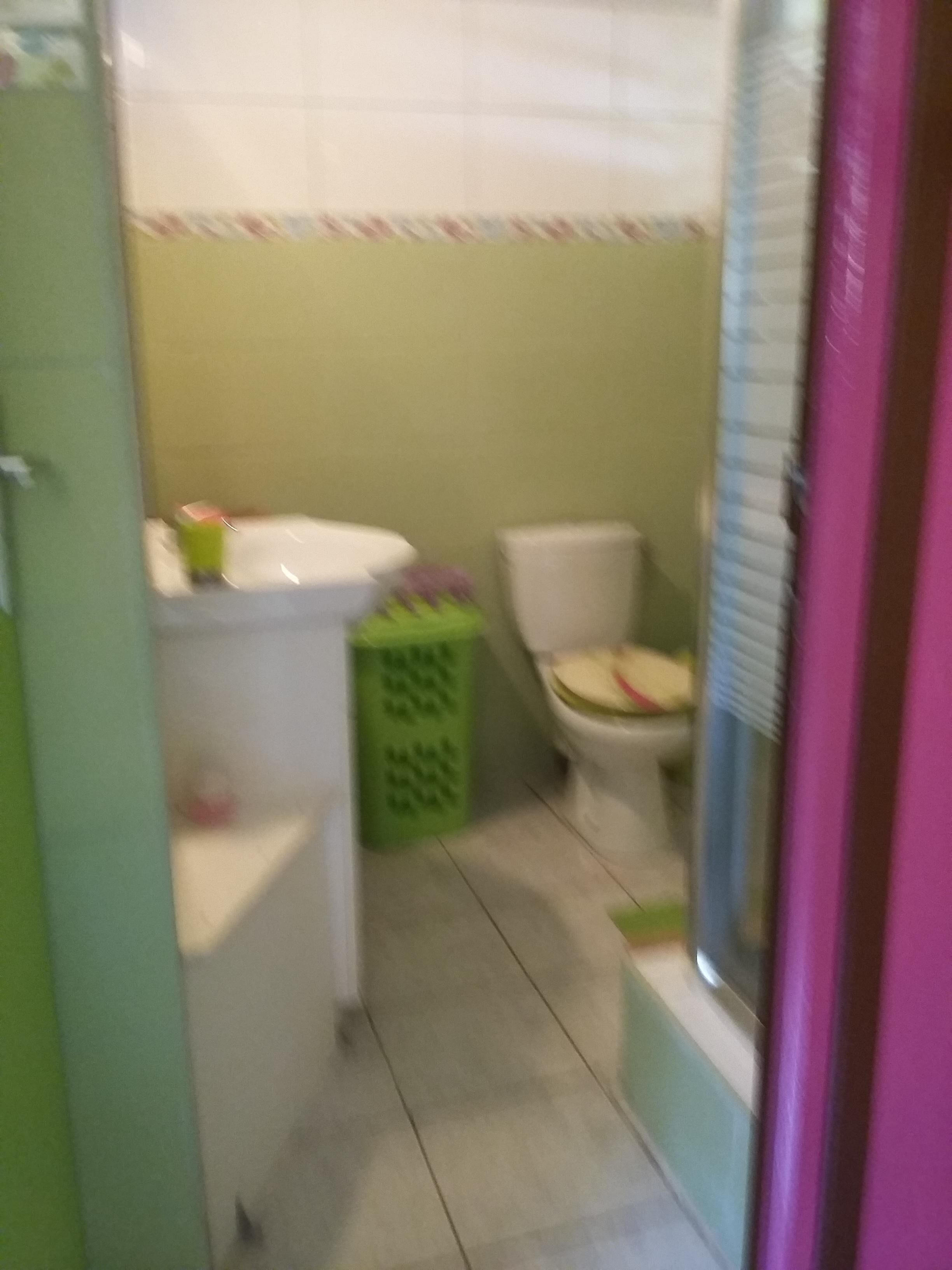 A bathroom with a toilet, a green laundry basket, and a sink.