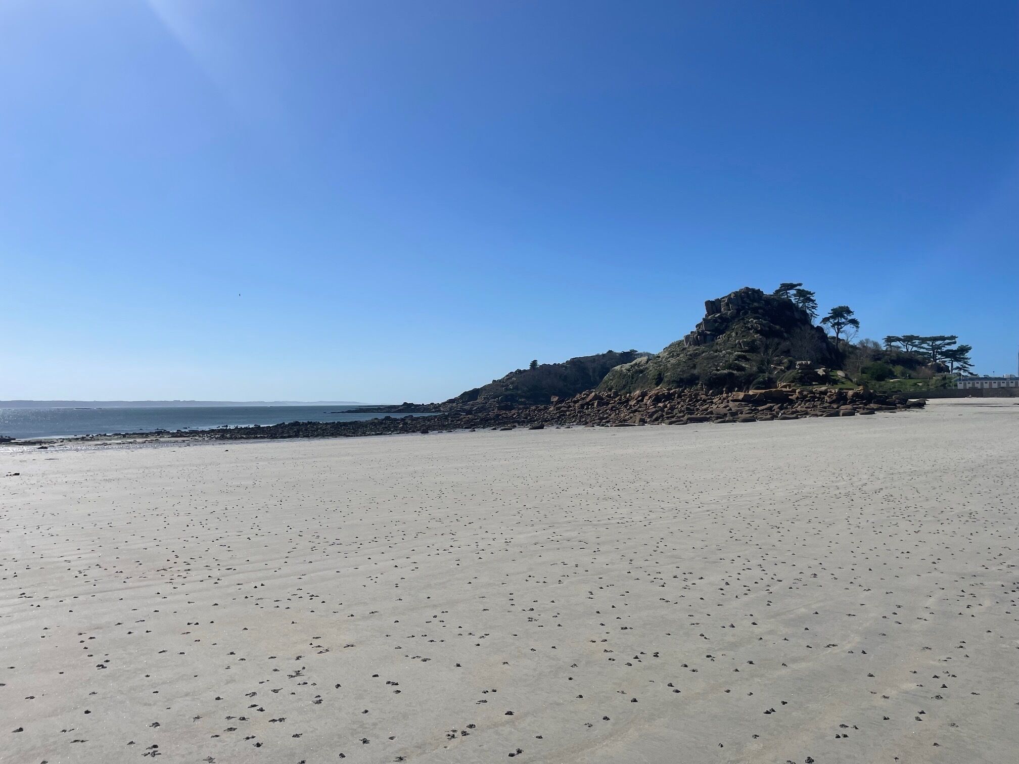 A beach with a rocky outcrop and sparse vegetation.