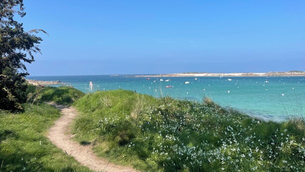 A coastal path leading to a beach with clear skies and boats in the water. - Charming house, quiet and bright in the heart of Trébeurden (4 bedrooms) (Trébeurden)
