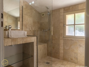 Shower, towels, toilet paper