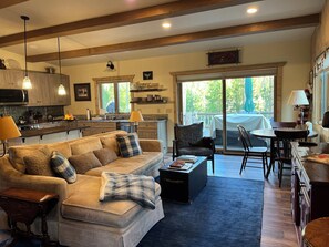 Smart TV, fireplace, books, music library