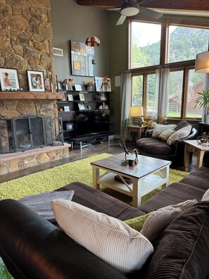 Smart TV, fireplace, video games, DVD player