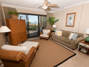 The well appointed living room. Comfort with a great view of the Gulf.