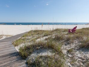 On the beach, sun loungers