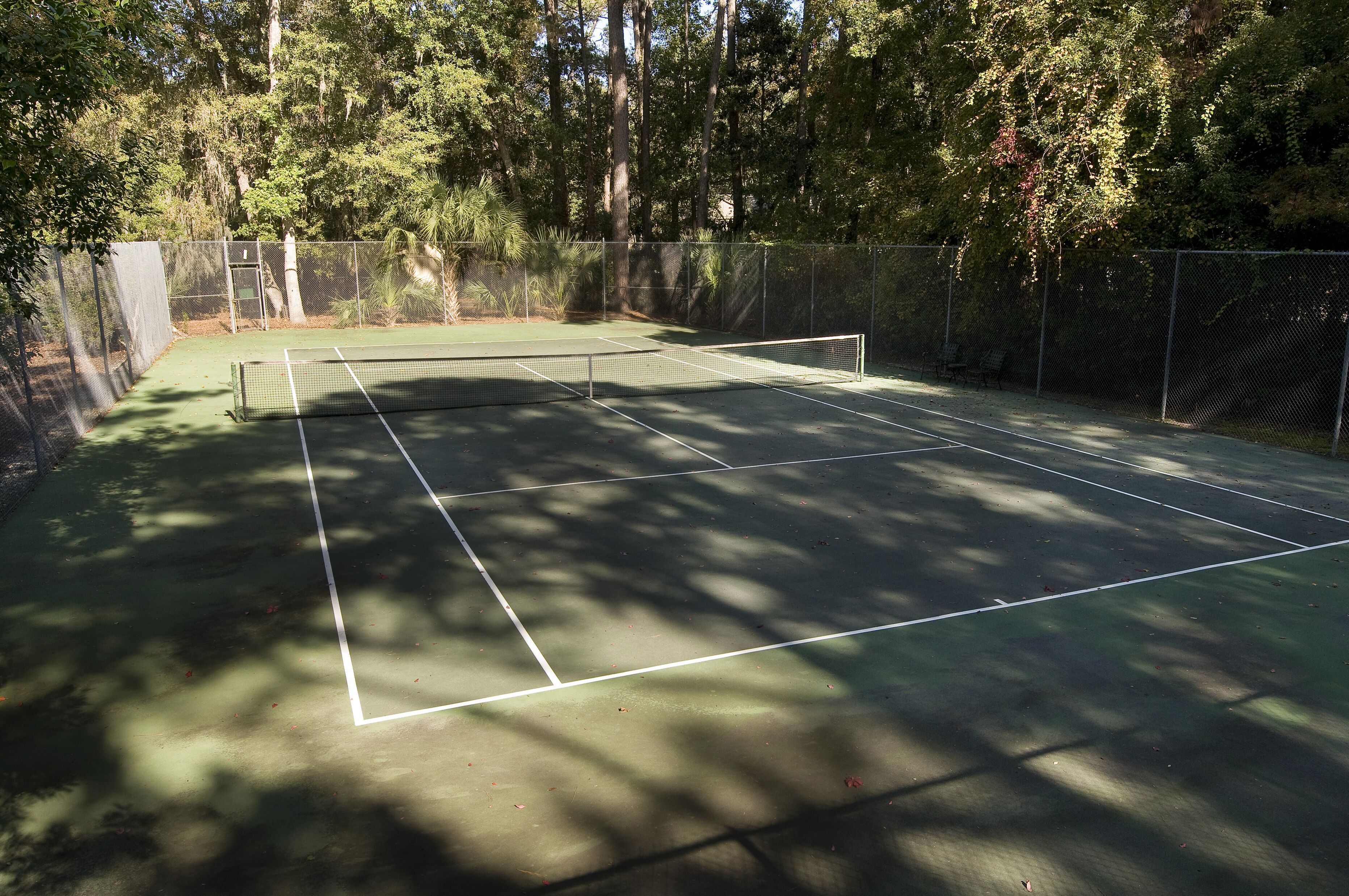 A tennis court surrounded by trees.