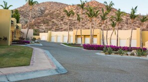 A residential street with houses, palm trees, and a mountainous backdrop.
