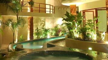 Área de piscina interior com vários níveis, incluindo uma banheira de hidromassagem, cercada por plantas e um deck de madeira.