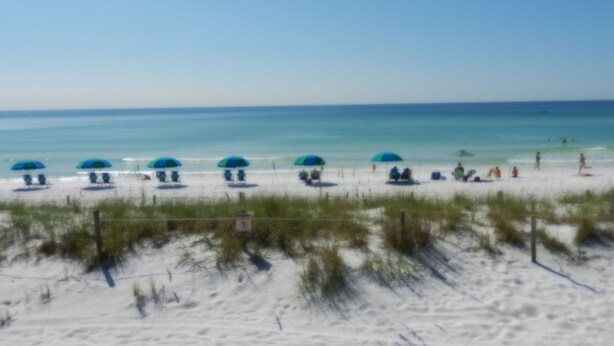 A beach with white sand, clear blue water, and several blue umbrellas. - Sandpiper Cove 1090 2bed 2bath Beach Service new FALL DATES available! (Destin)