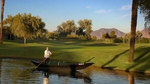 A golf course with a water body, palm trees, and a person in a boat.