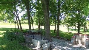 Un área de picnic con una mesa y bancos, rodeada de árboles y un campo cubierto de césped.