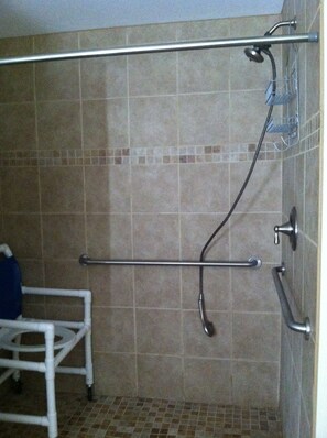 Shower, jetted tub, hair dryer, towels