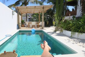 Une piscine à l’eau claire, entourée d’un mur blanc et d’une pergola en bois.
