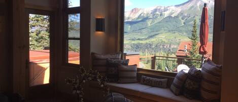 TV connectée, cheminée, lecteur de DVD, livres