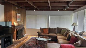 Una Smart TV, una chimenea, un reproductor de DVD, libros