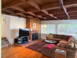 Smart TV, fireplace, DVD player, books