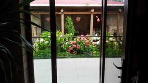 Vista a través de un ventanal a un patio con piso de baldosas, barandal de metal y diversas plantas y flores.