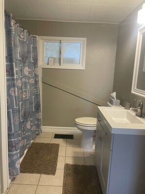 Combined shower/bathtub, hair dryer, towels, toilet paper
