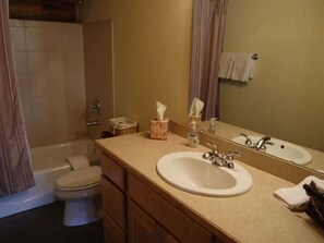 Tina, secadora de cabello, toallas 