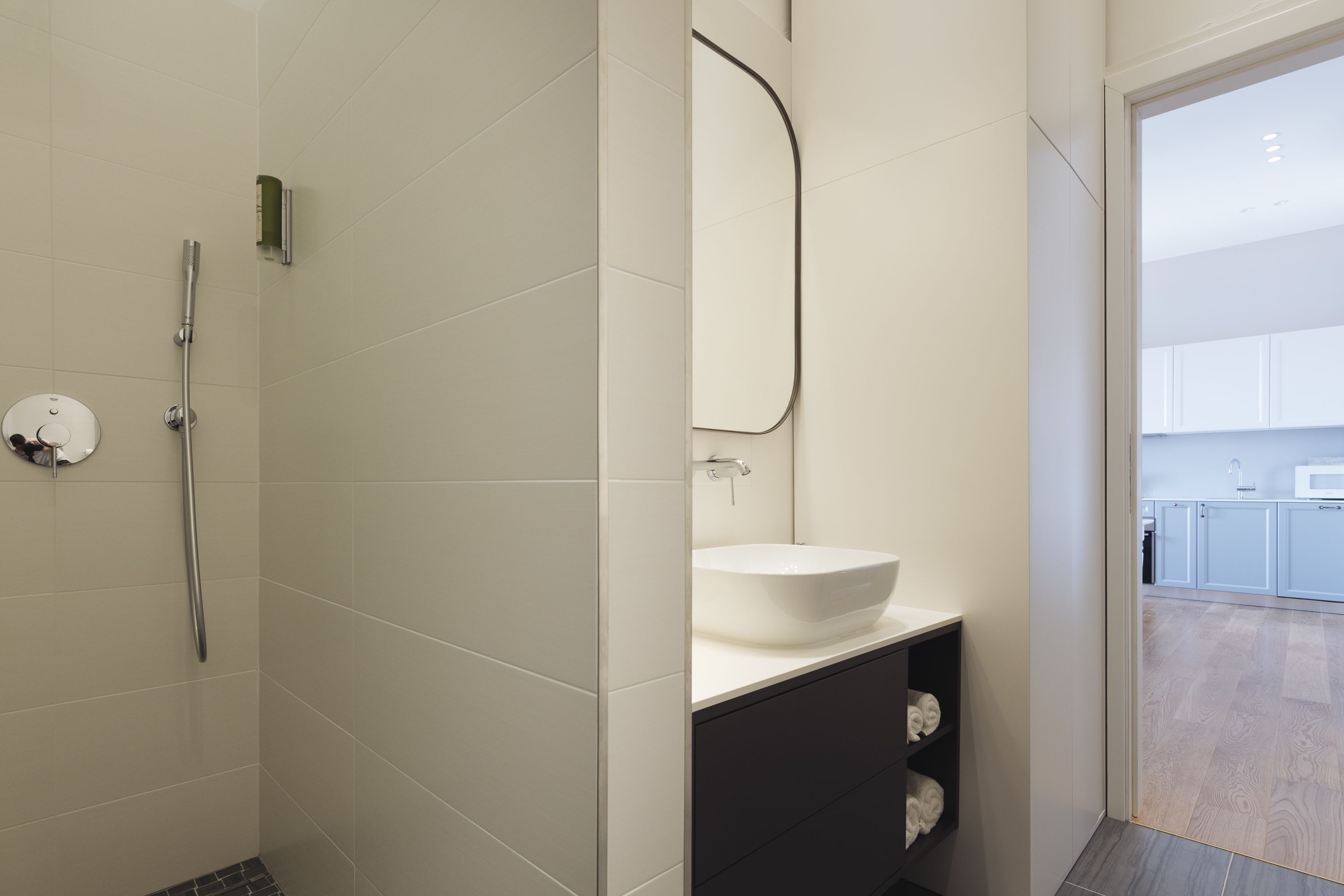 A modern bathroom with a shower, a sink, and a mirror.