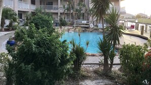 Un hôtel doté d’une piscine entourée d’une végétation luxuriante et de palmiers.