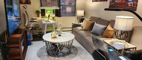 Smart TV, fireplace, DVD player, video library