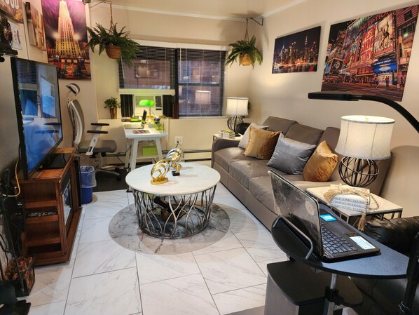 Smart TV, chimenea, reproductor de DVD y videoteca 