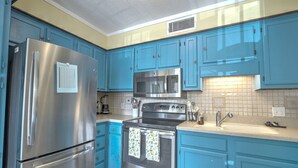 A kitchen with blue cabinets, stainless steel appliances, and a tiled backsplash.