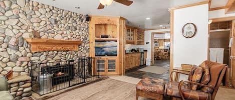 Smart TV, fireplace, DVD player, stereo