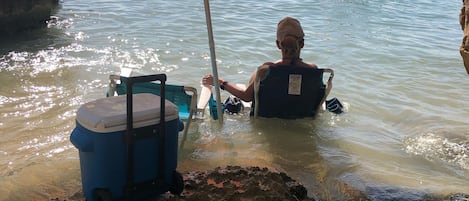 On the beach, sun-loungers, beach towels