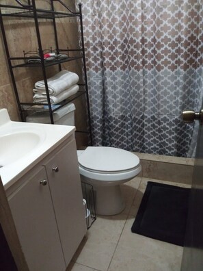 Shower, hair dryer, towels, toilet paper