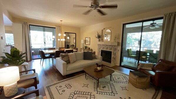 Smart TV, fireplace, DVD player, books