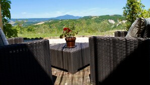 Wicker chairs with a potted plant on a patio overlooking a mountainous landscape. - Private Home & Private Pool  
Family Friendly/Welcome Dinner
IT055013C2DU035651 (Ficulle, Umbria)